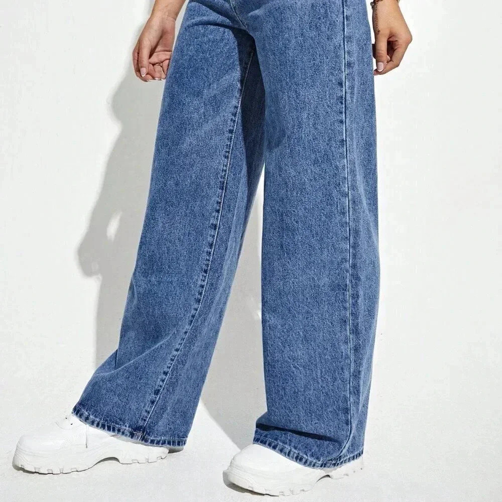 Dark Wash Casual Women's High Waist Wide Leg Jeans - Picture 4 of 6
